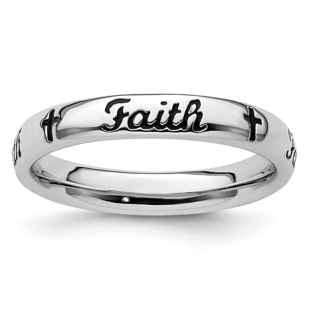 Sterling Silver Stackable Expressions Black Enamel Faith Ring Size -5