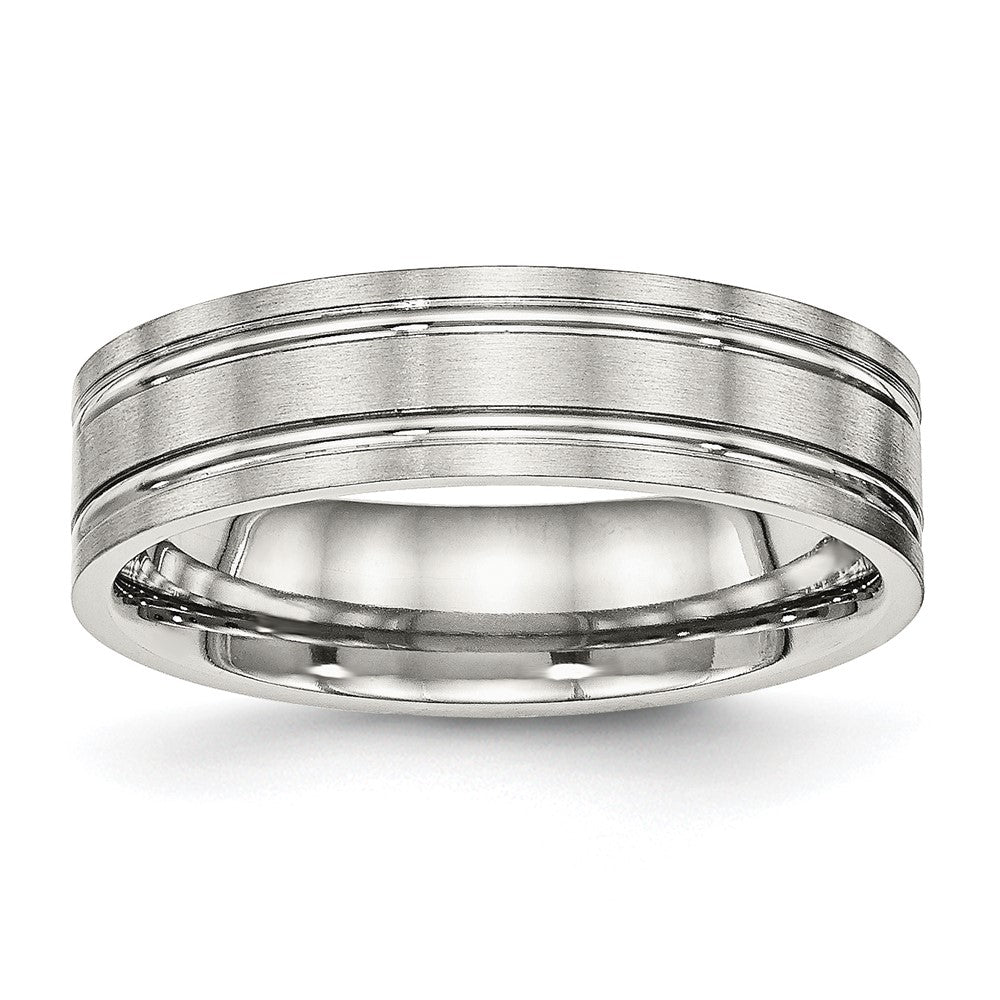 Stainless Steel Brushed and Polished 6mm Ridged Flat Band Size - 10.5