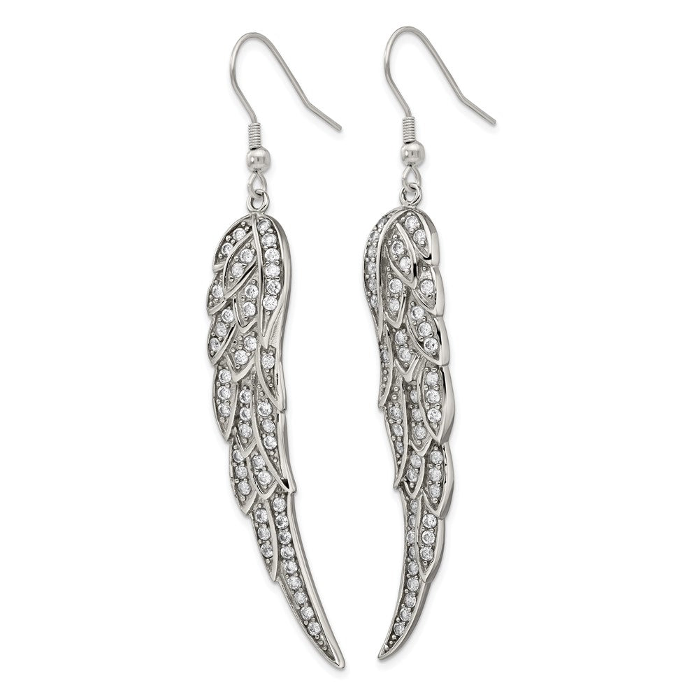 Stainless Steel Polished w/CZ Dangle Shepherd Hook Earrings