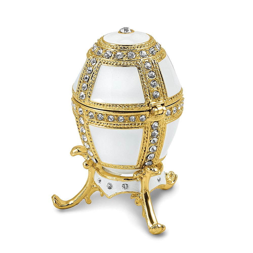 Luxury Giftware by Jere Bejeweled ALABASTER White Egg Trinket Box with Ring Insert and Matching 18 inch Necklace