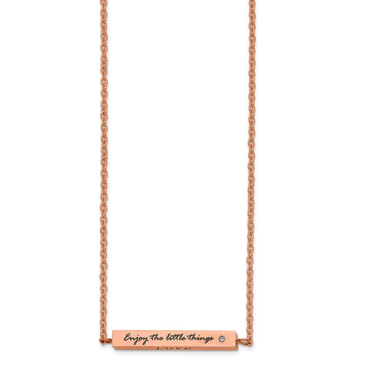 Stainless Steel Polished Rose IP w/CZ ENJOY 16in w/2in ext Bar Necklace