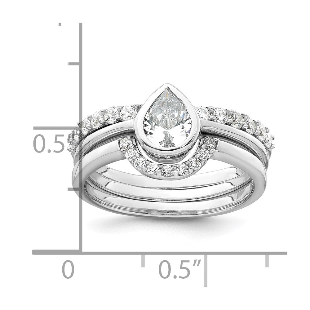 Sterling Silver Rhodium-plated Polished Pear Shape White CZ Ring with 2 Fitted CZ Bands Size 8 Three Ring Set