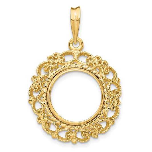 Wideband Distinguished Coin Jewelry 14k Polished and Textured Victorian 13.0mm Prong Coin Bezel Pendant