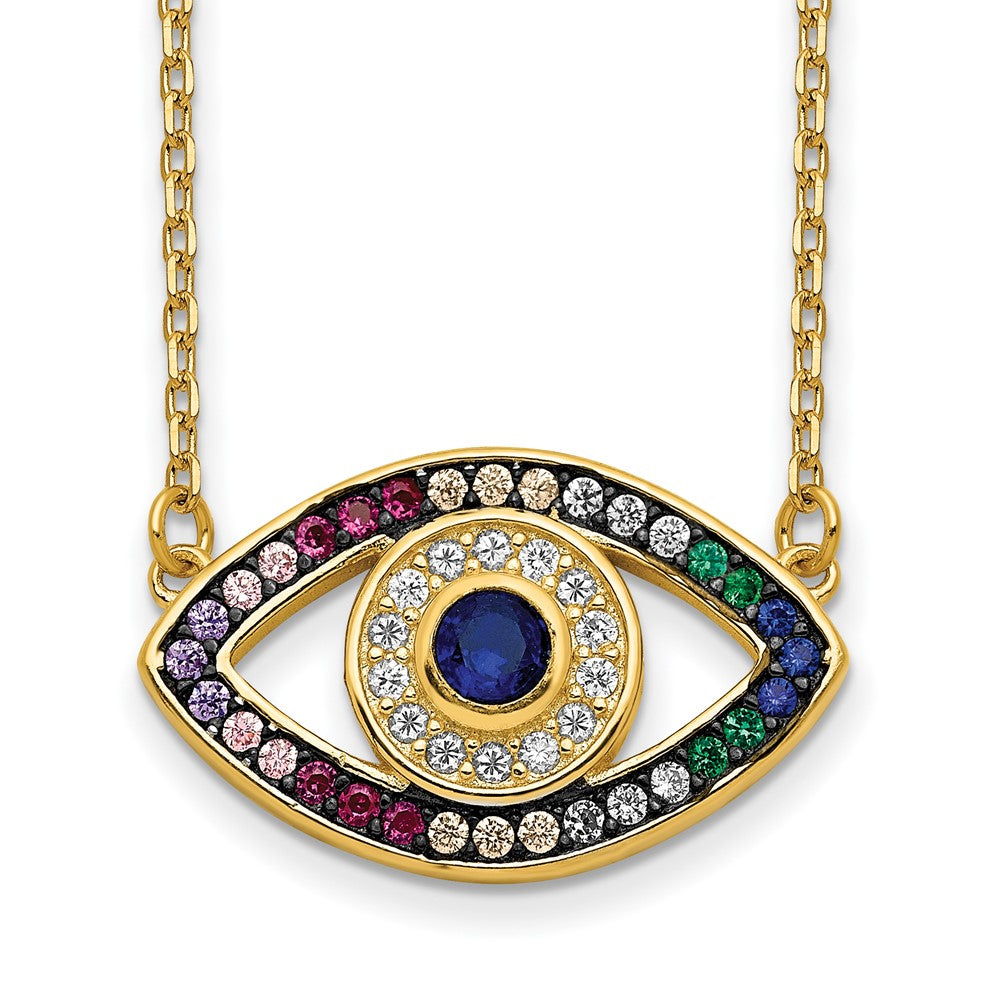 Prizma Sterling Silver Gold-tone 14K Flash Gold-plated 16 inch Colorful CZ Evil Eye Necklace with 2 inch Extender 16 Inches
