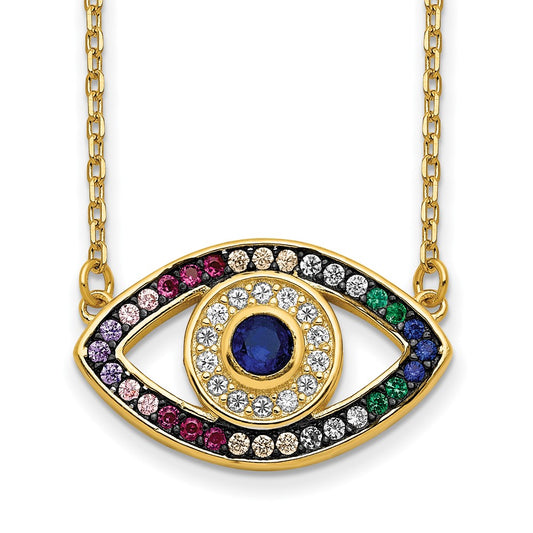 Prizma Sterling Silver Gold-tone 14K Flash Gold-plated 16 inch Colorful CZ Evil Eye Necklace with 2 inch Extender 16 Inches