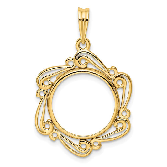 Wideband Distinguished Coin Jewelry 14k Polished Curved Scroll 16.0mm Prong Coin Bezel Pendant