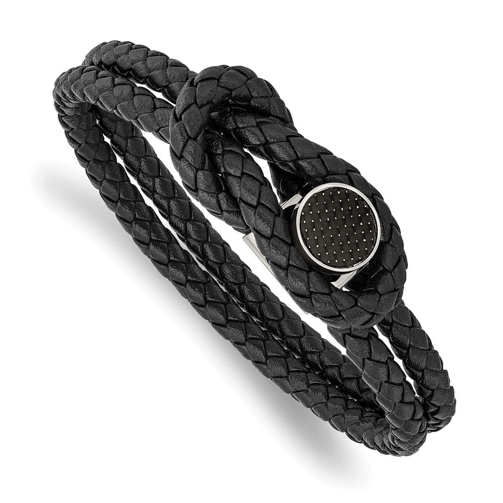 Stainless Steel Polished Black Carbon Fiber Inlay Leather 8.5in Bracelet 8.5 inches