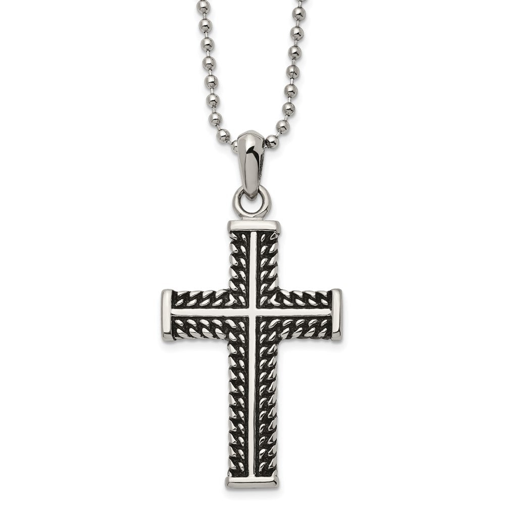 Stainless Steel Antiqued and Polished Cross 22in Necklace