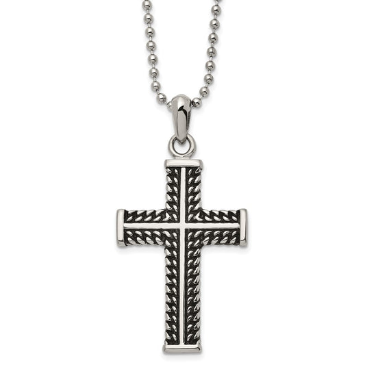 Stainless Steel Antiqued and Polished Cross 22in Necklace