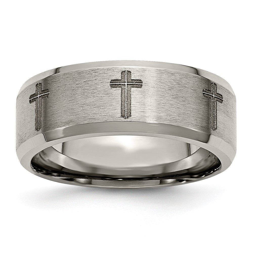 Chisel Titanium Brushed and Polished Cross Laser Design 8mm Beveled Edge Band Size - 9