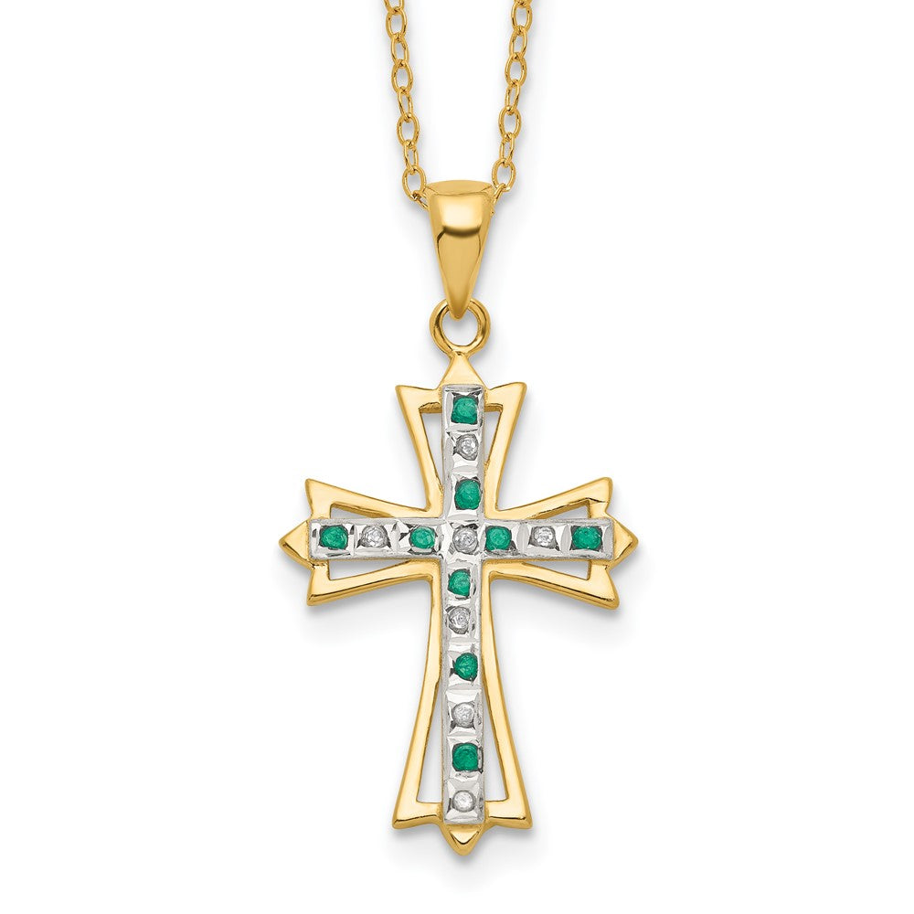 Diamond Fascination Diamond Mystique Sterling Silver 18K Gold-plated Diamond and Emerald Cross 18 Inch Necklace 18 Inches