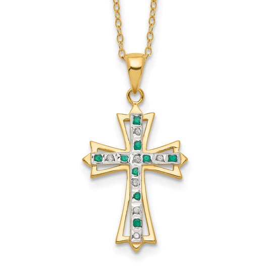 Diamond Fascination Diamond Mystique Sterling Silver 18K Gold-plated Diamond and Emerald Cross 18 Inch Necklace 18 Inches