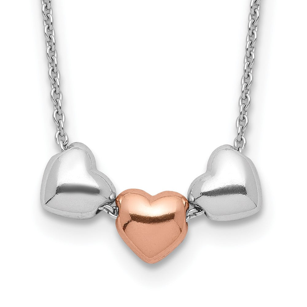 Sterling Silver Rhodium Rose-tone 3-Hearts w/.75 ext Necklace 18 Inches