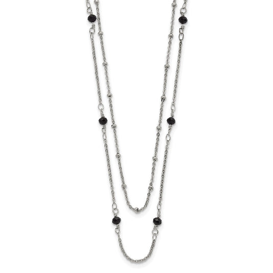 Stainless Steel Polished 2-Strand Black Crystal Beaded w/1in ext. Necklace