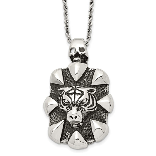Stainless Steel Antiqued and Polished Tiger and Skull 20in Necklace