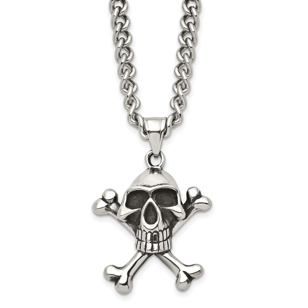 Stainless Steel Antiqued and Polished Skull & Crossbones 24in Necklace
