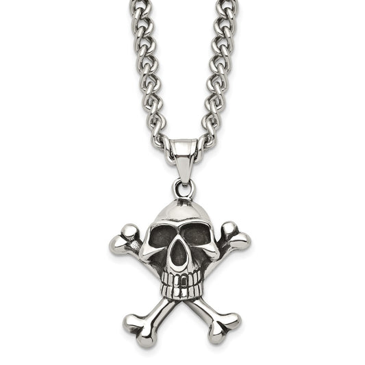 Stainless Steel Antiqued and Polished Skull & Crossbones 24in Necklace