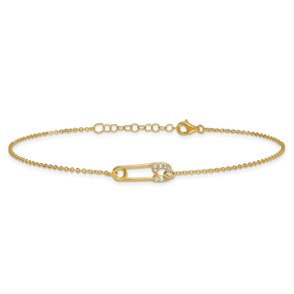 Sterling Silver Gold-tone Polished CZ Safety Pin 9 Inch Plus 1 Inch Extension Anklet