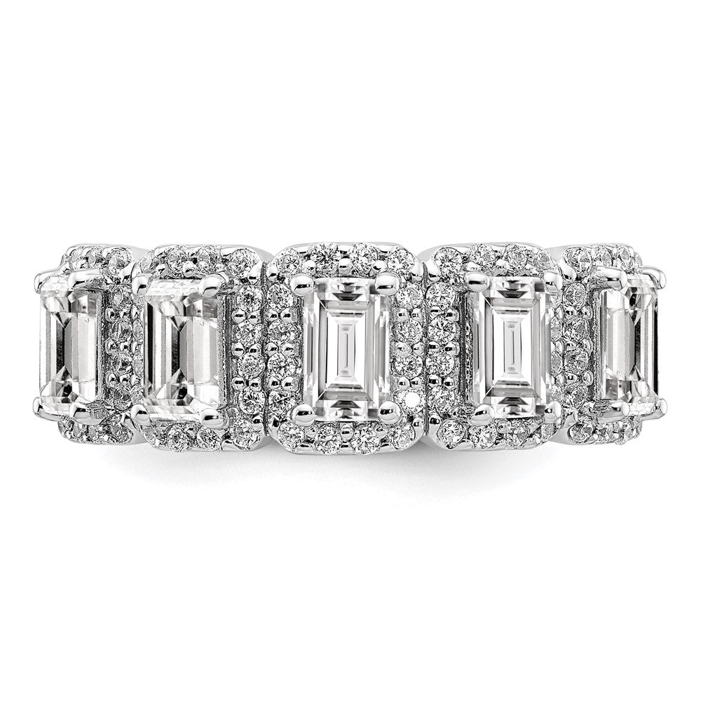 Sterling Silver Rhodium-plated Diamonore 5 Stone Baguette Halo Ring