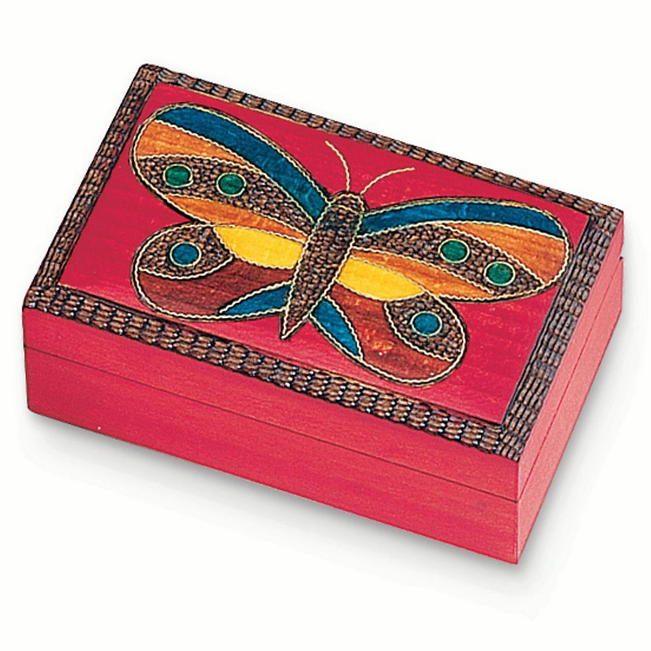 Handcrafted Solid Wood Carved and Painted Red Butterfly Keepsake Box QGM8539