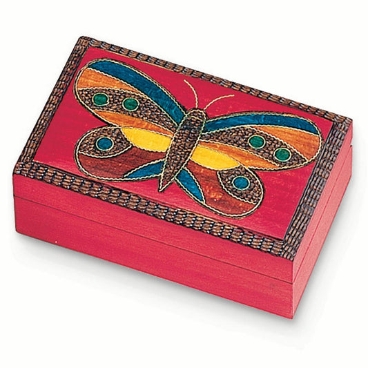 Handcrafted Solid Wood Carved and Painted Red Butterfly Keepsake Box QGM8539