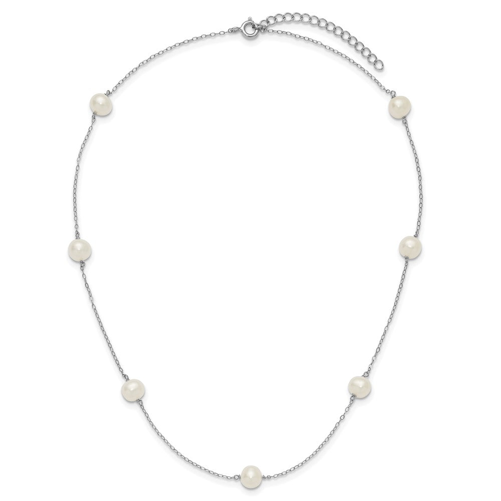 Sterling Silver Rhodium-plated 7-8mm White Near-Round Freshwater Cultured Pearl 7-Station 17 inch with 2 inch Extension Necklace 17 Inches