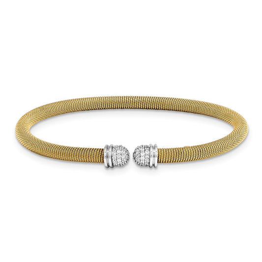 Sterling Silver YG 6.75 plated Cuff Bypass CZ Bangle