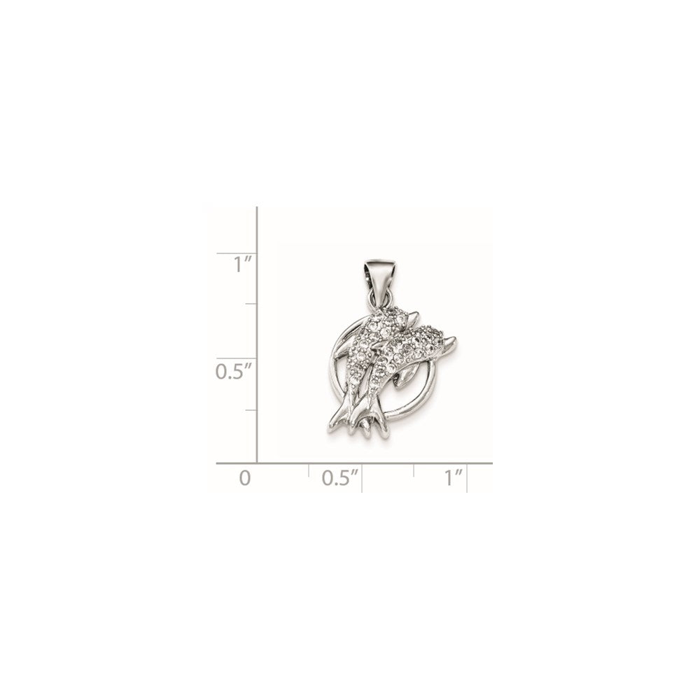 Sterling Silver Rhodium-plated Polished CZ Double Dolphin Pendant