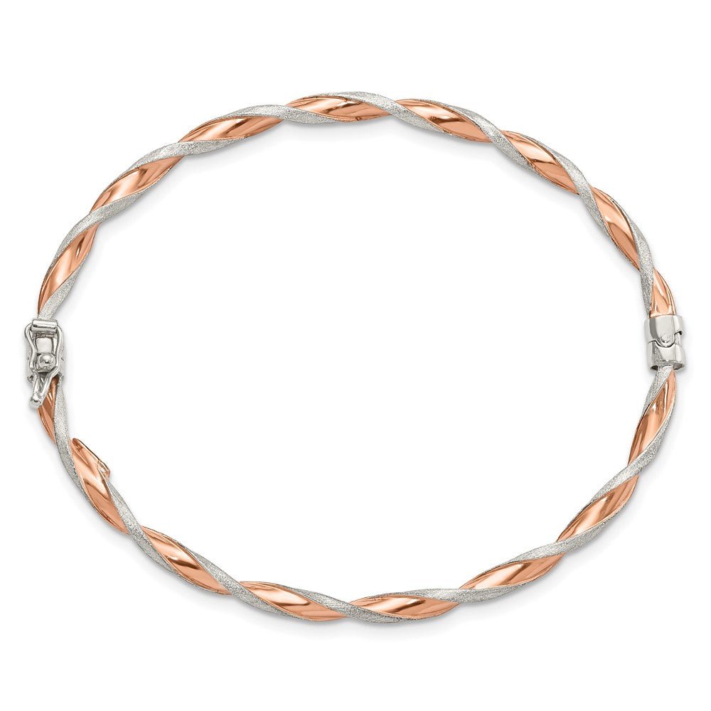 Sterling Silver Rose-tone Satin/Polish Twisted 3mm Hinged Bangle 7 inches