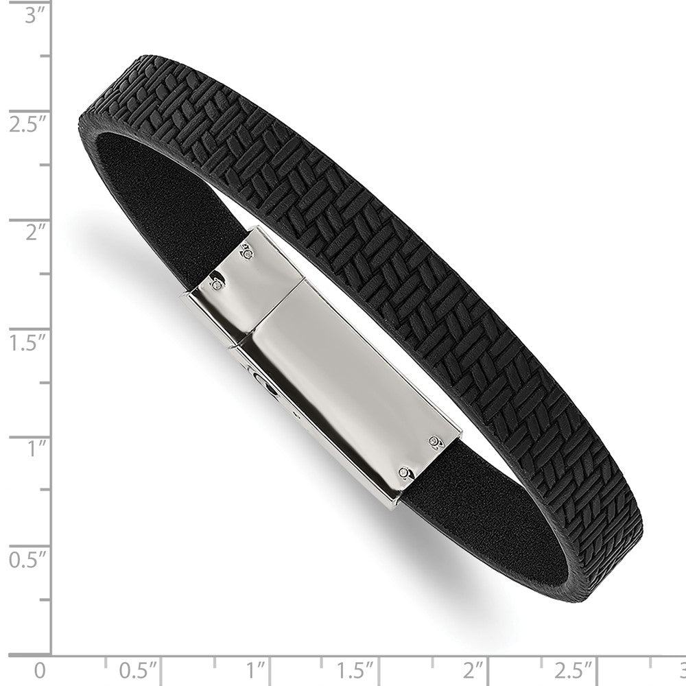 Stainless Steel Polished Textured Black Leather 8.5in Bracelet 8.5 inches