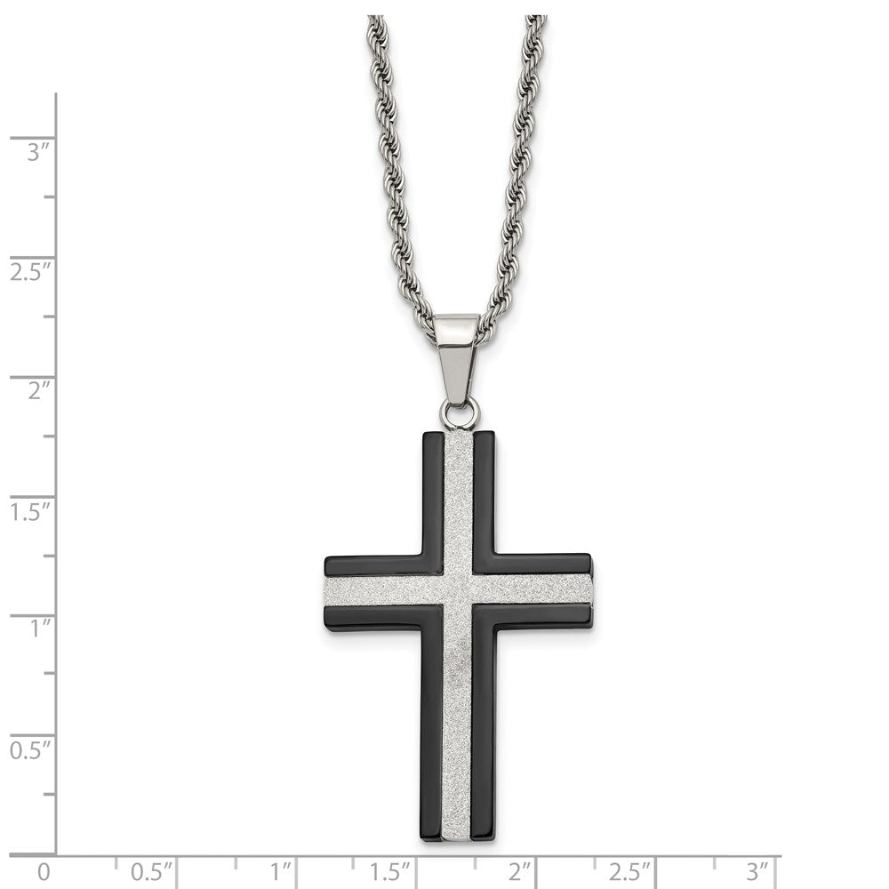 Stainless Steel Polished Black IP-plated Laser Cut Cross 24in Necklace