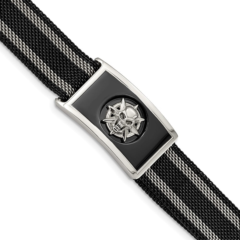 Stainless Steel Polished Black IP-plated Mesh Adj Magnetic Skull Bracelet