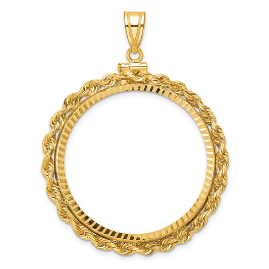 Wideband Distinguished Coin Jewelry 14k Polished Rope and Diamond-cut 34.2mm x 2.85mm Screw Top Coin Bezel Pendant