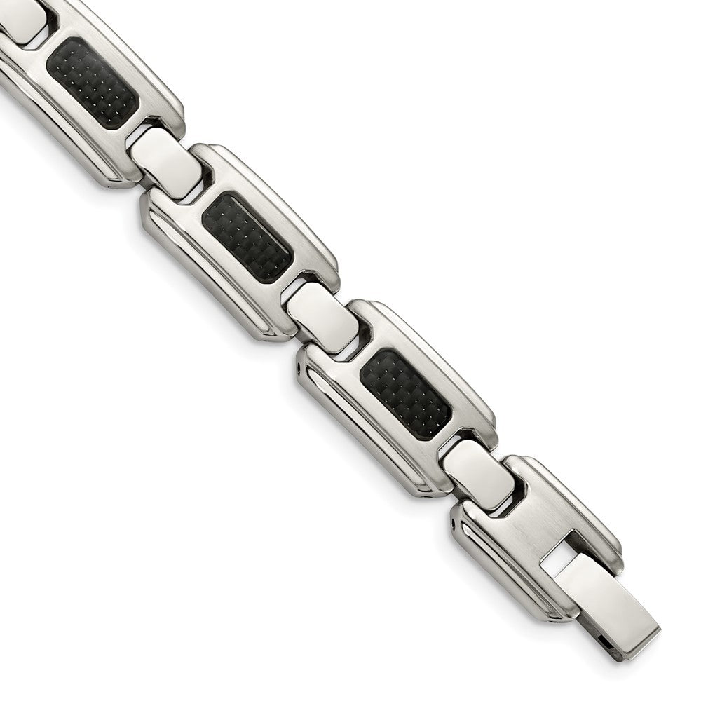 Stainless Steel Brushed and Polished Black Carbon Fiber Inlay 9in Bracelet 9 inches