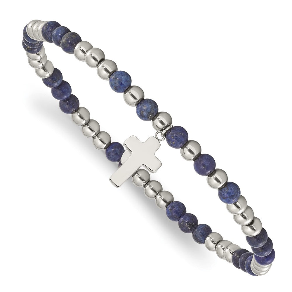 Stainless Steel Polished Lapis Beaded Cross Stretch Bracelet 7 inches