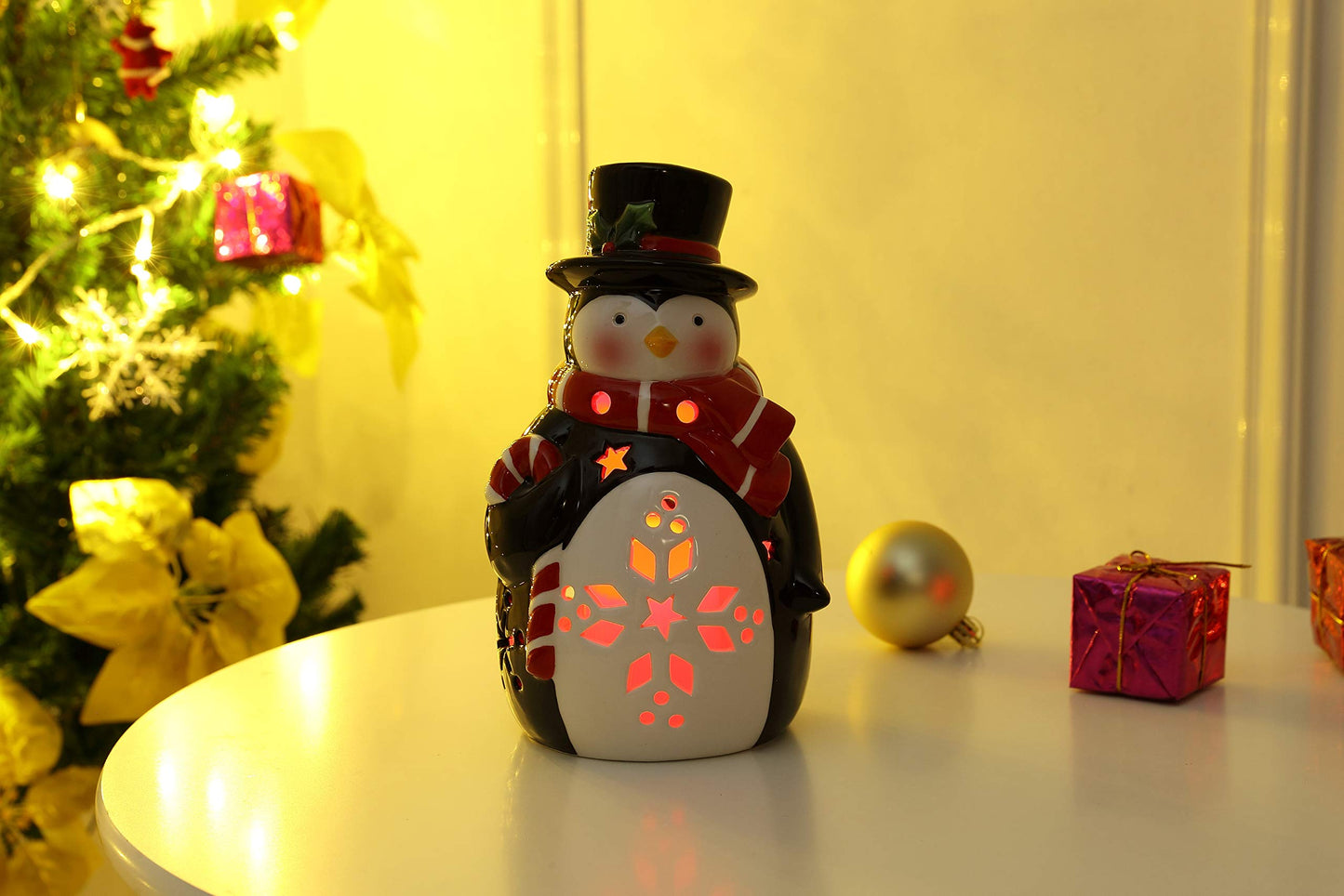 Penguin Ceramic Christmas LED Tabletop Lantern Statue