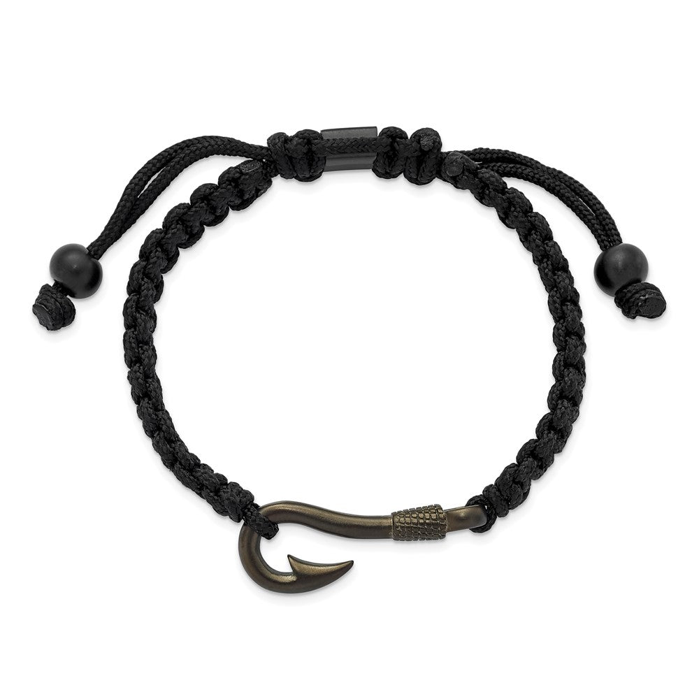 Stainless Steel Brushed Gun Metal IP Fishing Hook Black Nylon Adj Bracelet 9 inches