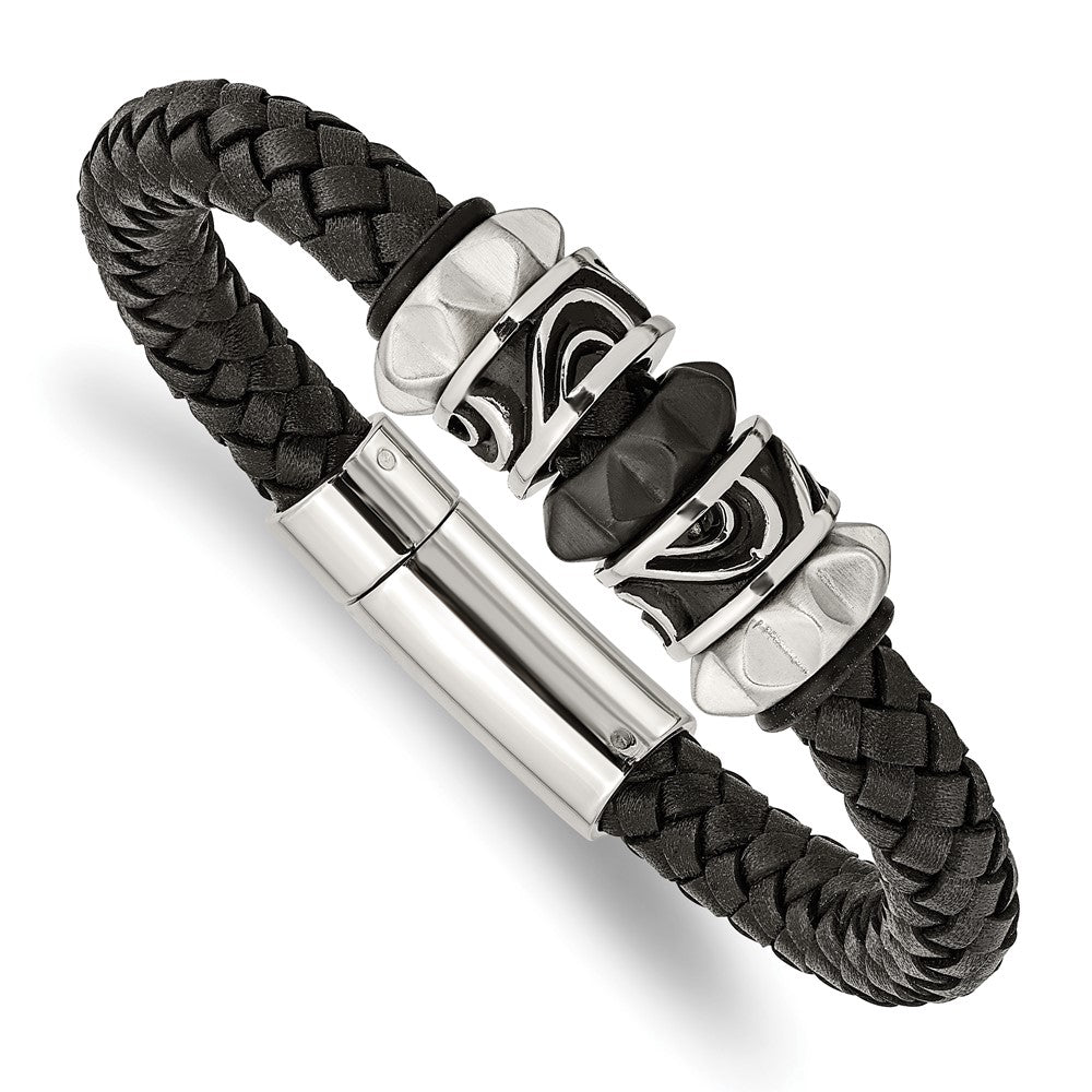 Stainless Steel Antiqued Brushed & Polished Black IP Leather Bracelet 8.5 inches