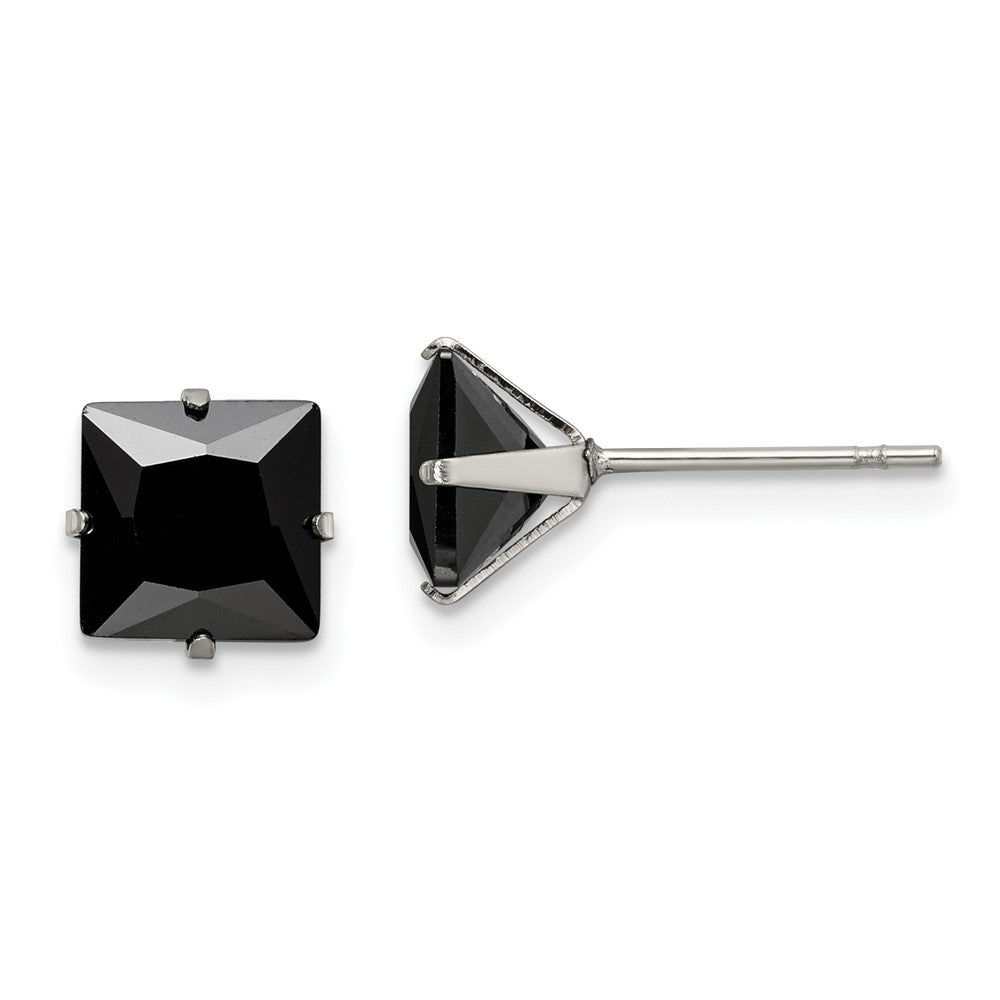 Stainless Steel Polished 7mm Black Square CZ Stud Post Earrings
