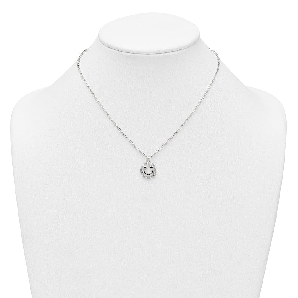 Sterling Silver Polished White CZ Smiley Face with Heart Eyes 16 inch Necklace