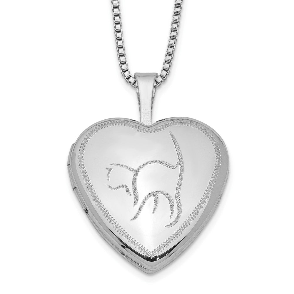 Sterling Silver Rhodium-plated 16mm Cat Heart Locket Necklace 18 Inches