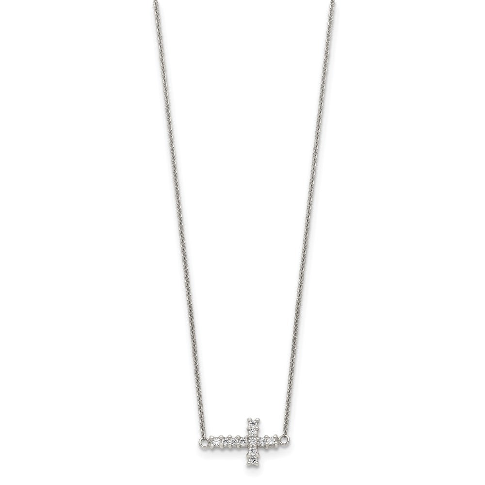 Sterling Silver 18in CZ Sideways Cross Necklace 18 Inches