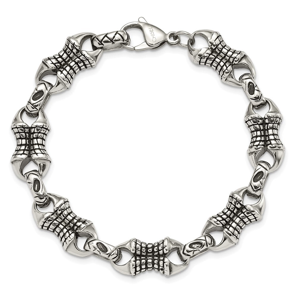 Stainless Steel Antiqued and Polished Patterned 8.75in Bracelet 8.75 inches