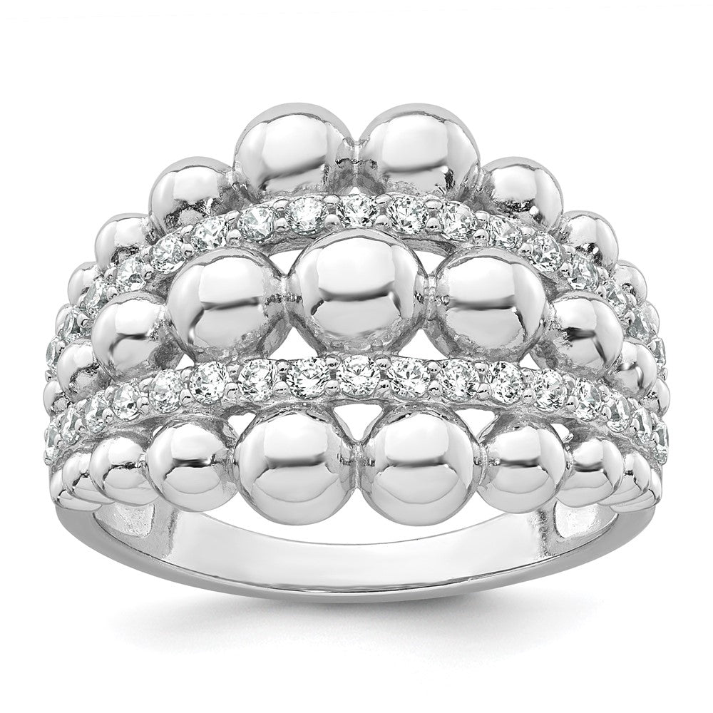 Sterling Silver Rhodium-plated Polished Graduated Beaded Fancy CZ Size 6 Ring