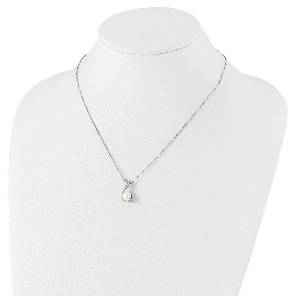 Cheryl M Sterling Silver Rhodium-plated Freshwater Cultured Pearl and Brilliant-cut CZ Swirl 18 Inch Necklace 18 Inches