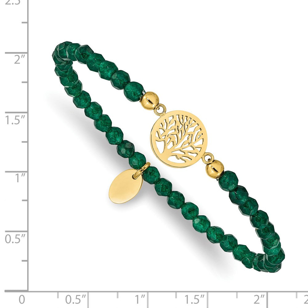 Stainless Steel Polished Yellow IP Tree of Life Green Jade Stretch Bracelet 6.5 inches