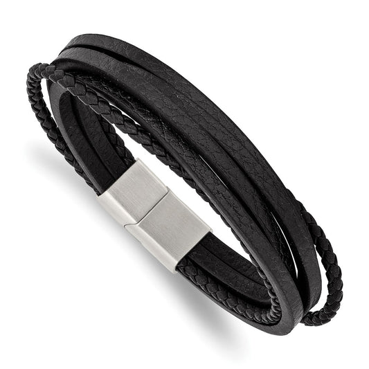 Stainless Steel Brushed Black Leather Multi Strand 8in Bracelet 8 inches