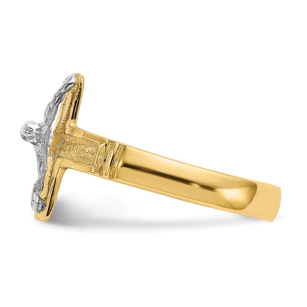 14K Two-Tone Polished Diamond-Cut Mens Crucifix Ring Size 9
