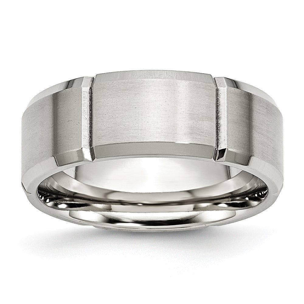 Stainless Steel Brushed/Polished Grooved 8mm Beveled Edge Band Size - 12