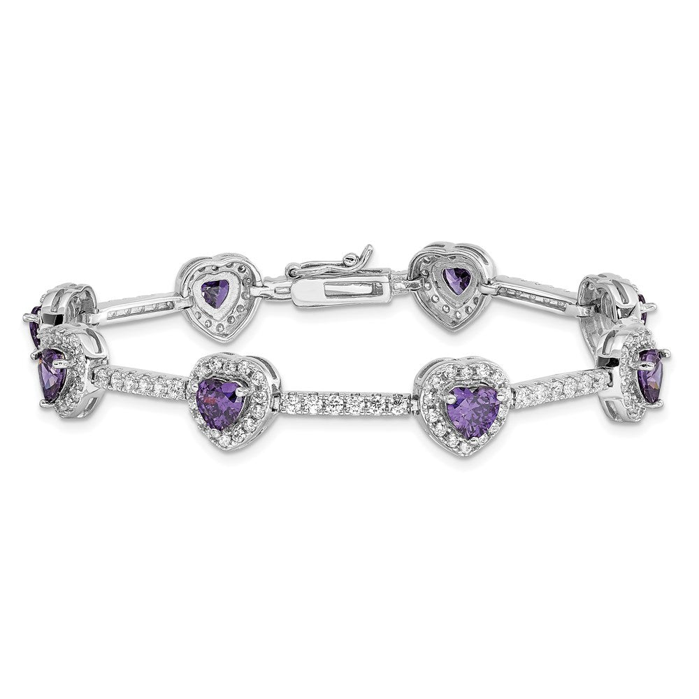 Sterling Silver Rhodium-plated Amethyst and Clear CZ Heart Bracelet 7 inches